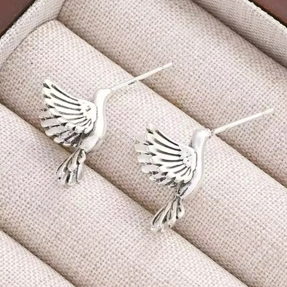 Hummingbird Silver Tone Stud Earrings